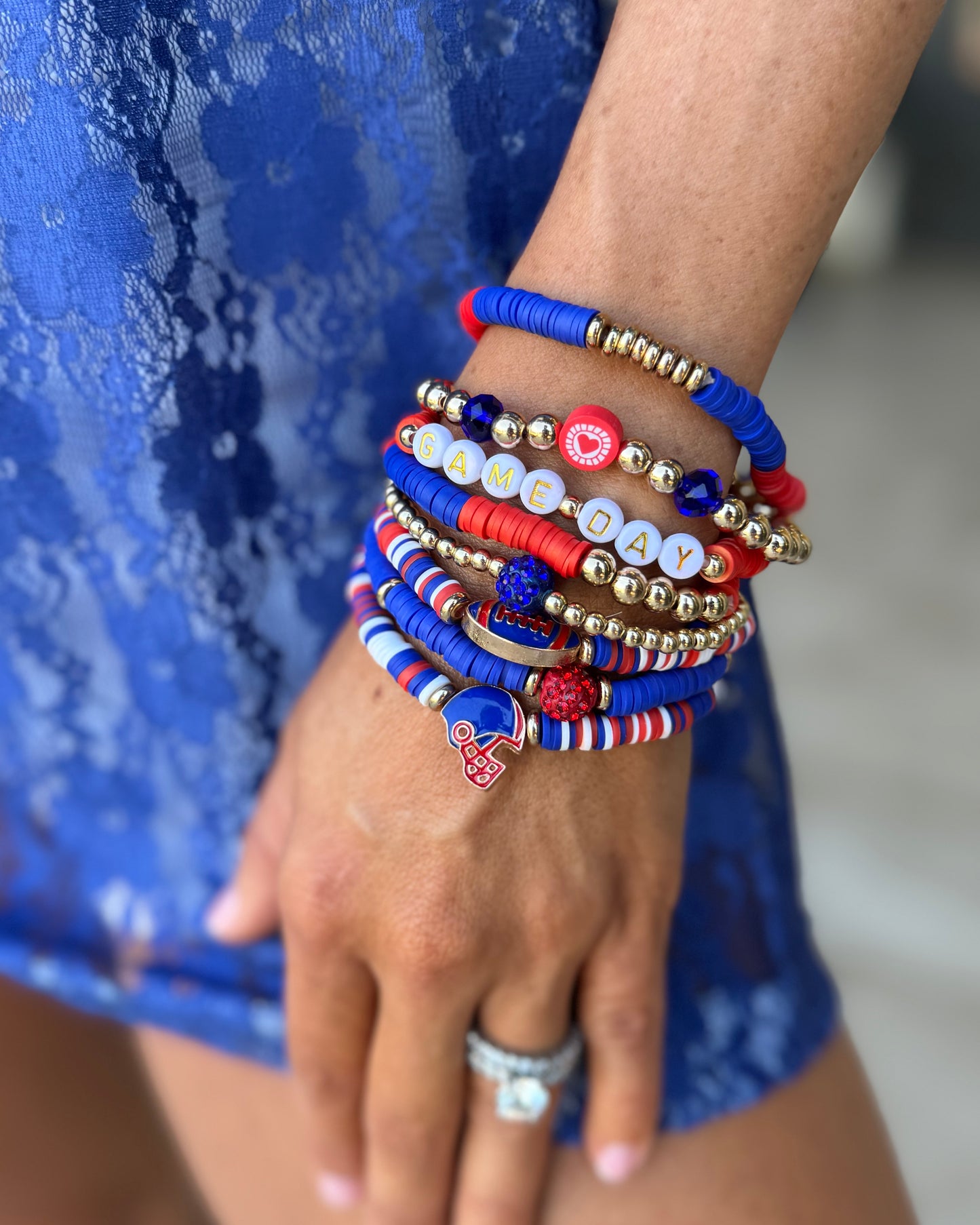 Red & Blue Heart Football Helmet Enamel Bracelet Set