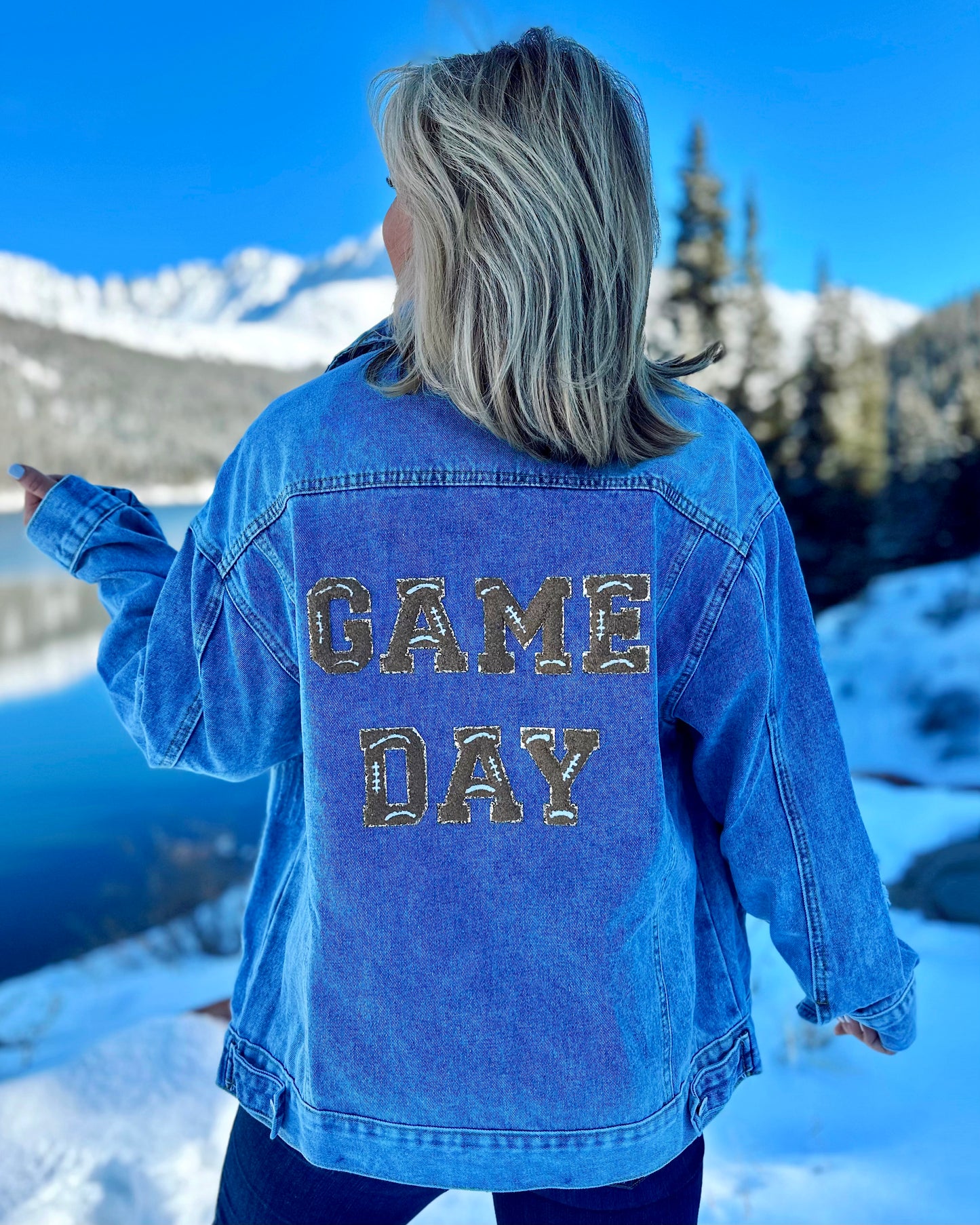 FOOTBALL Letters “GAME DAY” Sport Chenille-Patch Denim Jacket - Live Love Gameday®