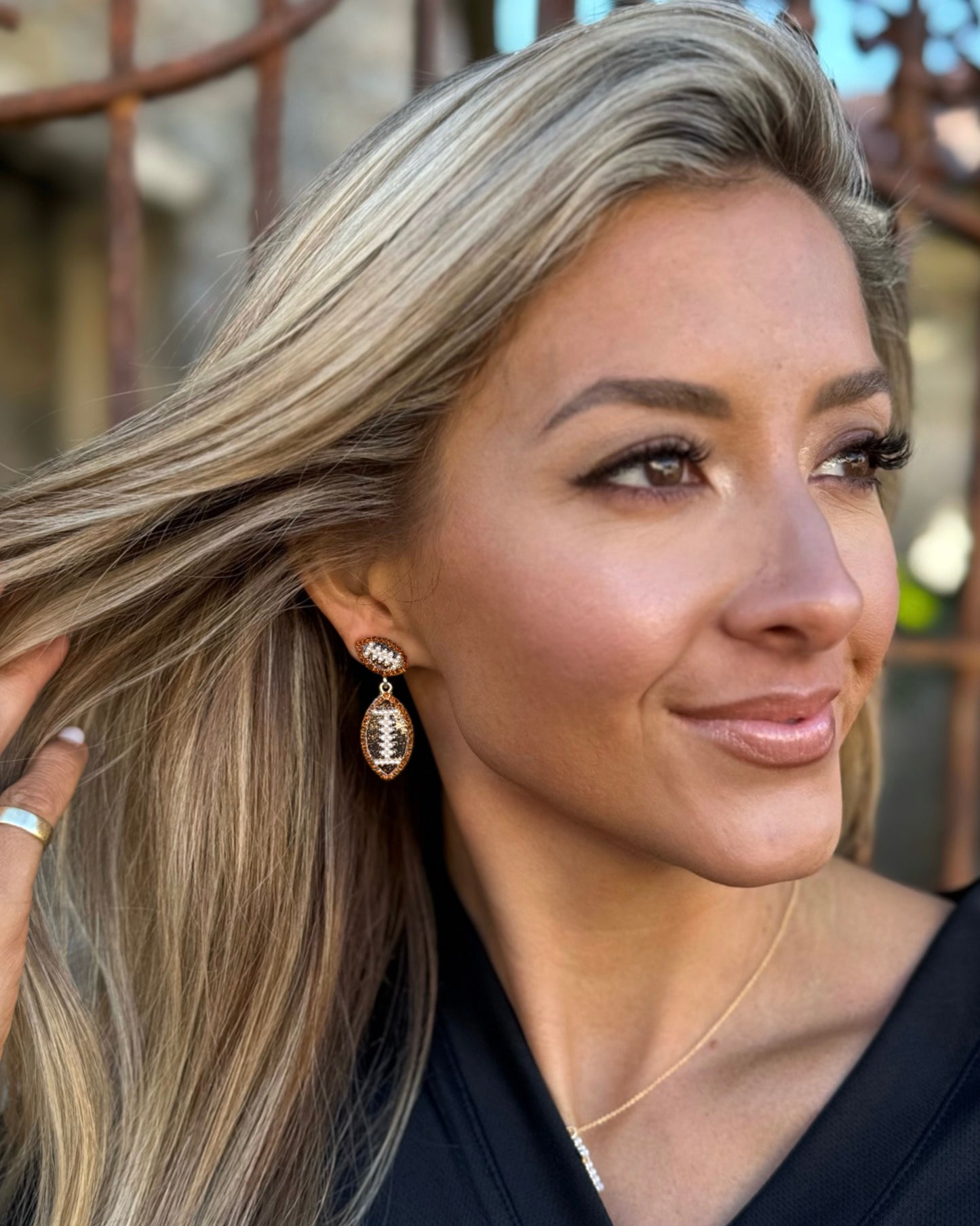 Brown Pave Football Dangle Earrings