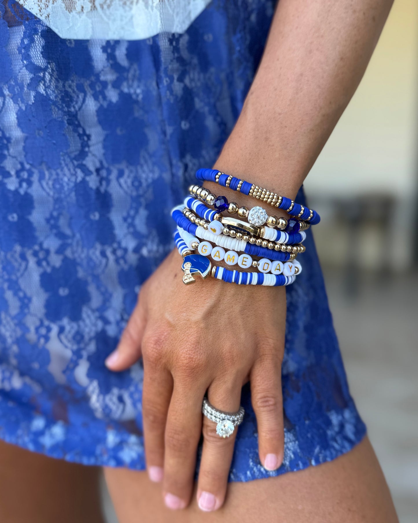 Gold & Blue Rhinestone Football Helmet Enamel 7-Piece Bracelet Set