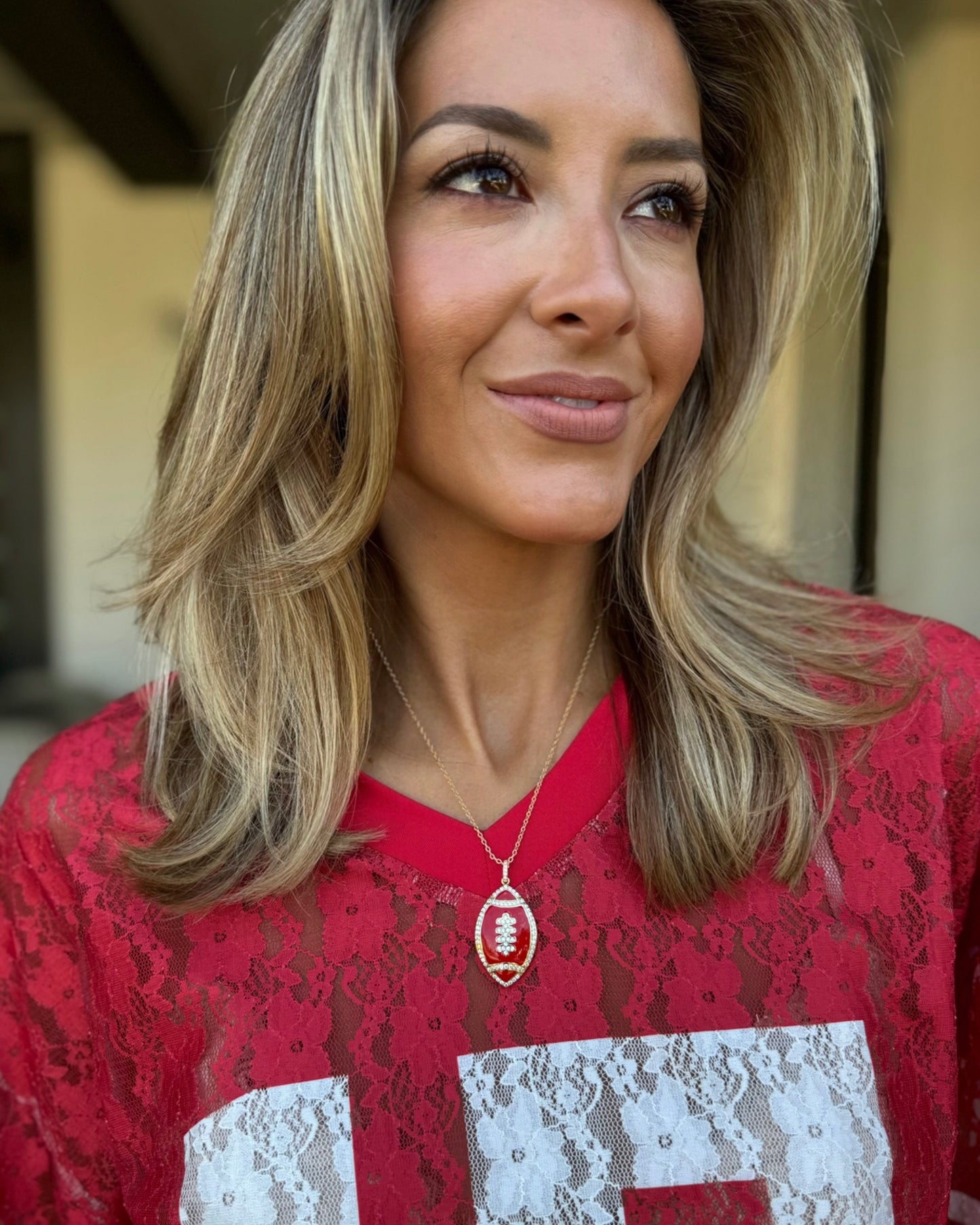 Red/Gold Rhinestone Enamel Football Necklace