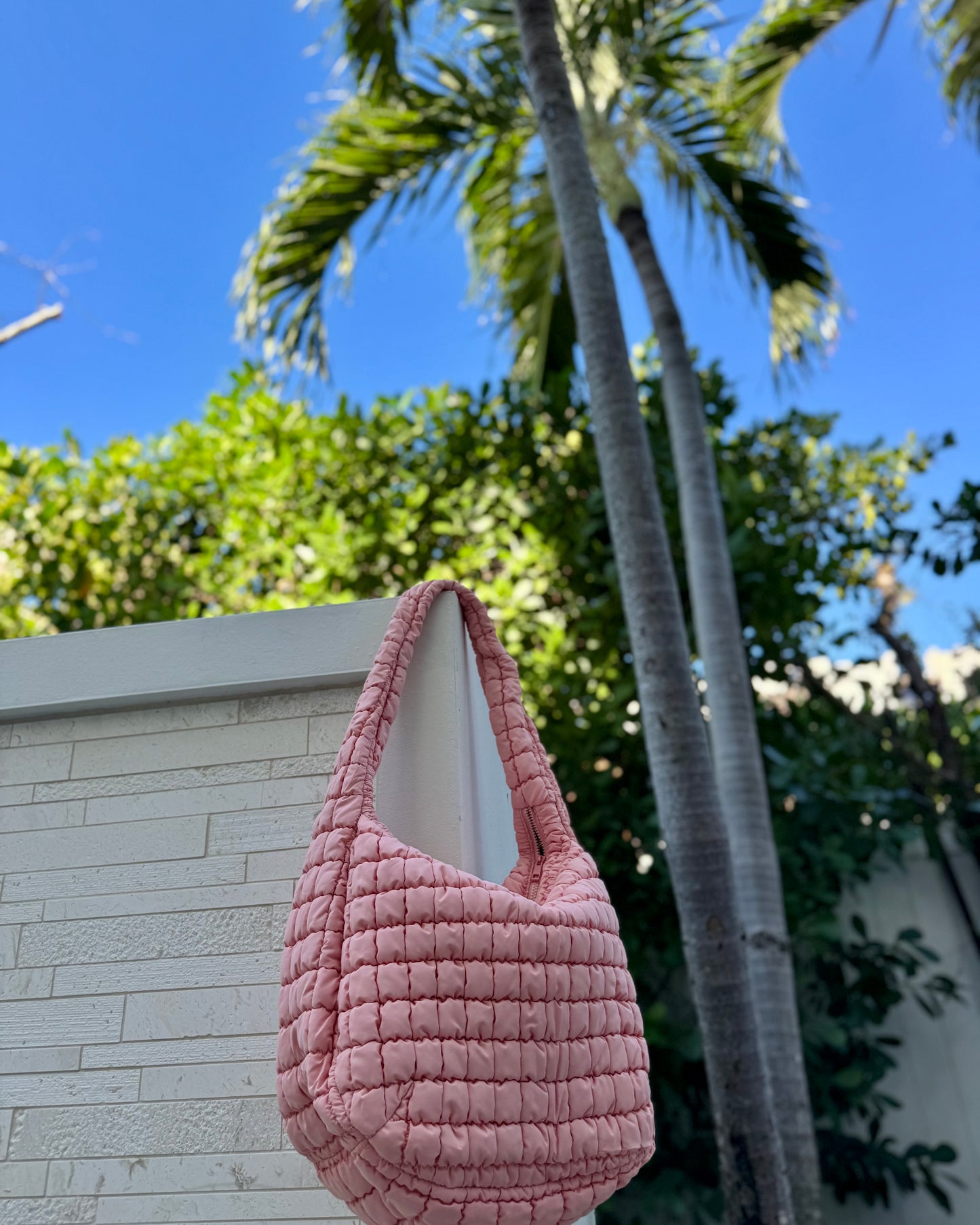 Black Friday: Pink Puffy Quilted Nylon Large Shoulder Bag