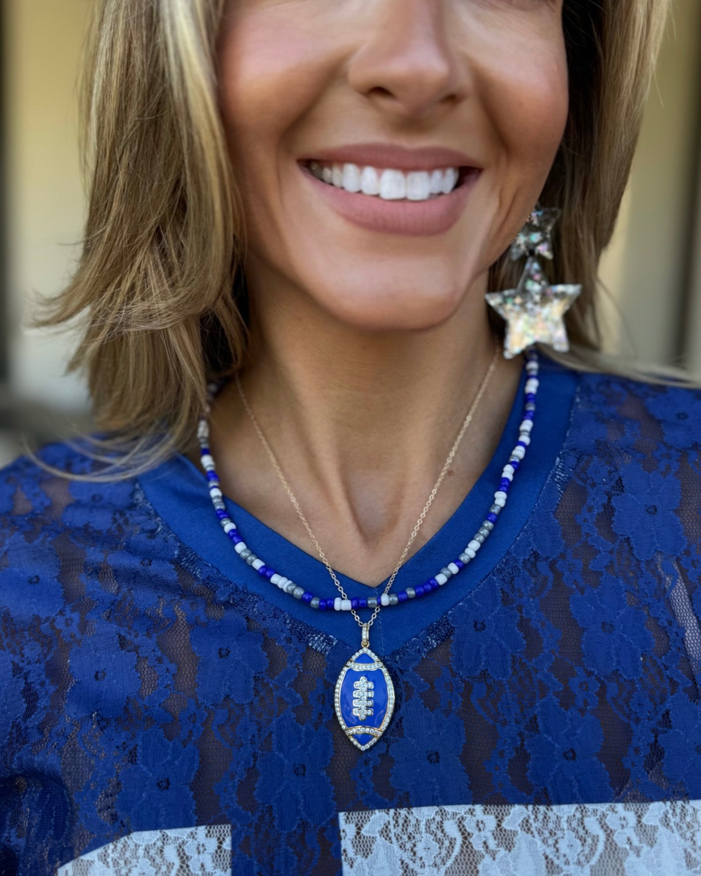Blue/White Sidelines Beaded Necklace