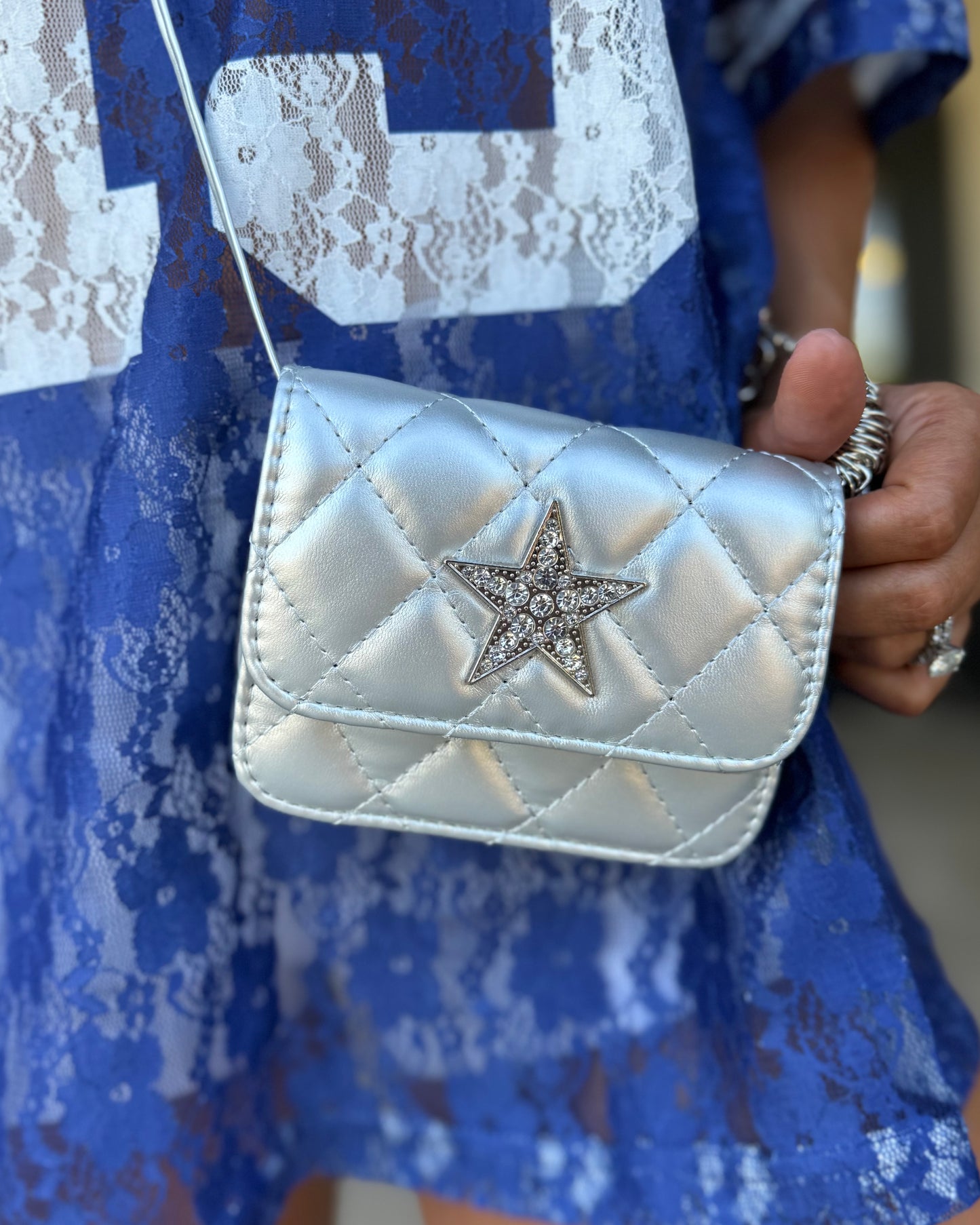 Metallic Silver Rhinestone “Baby You’re A Star” Crossbody