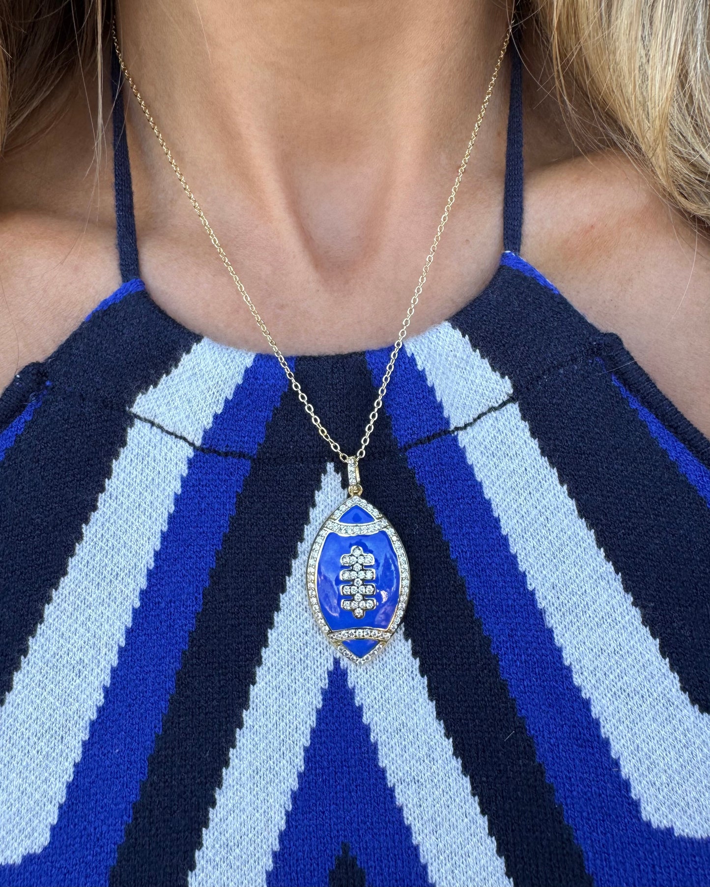 Blue/Gold Rhinestone Enamel Football Necklace