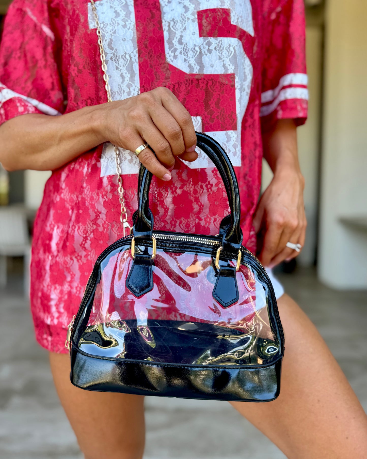 Patent Black Cream Stadium-Approved Purse