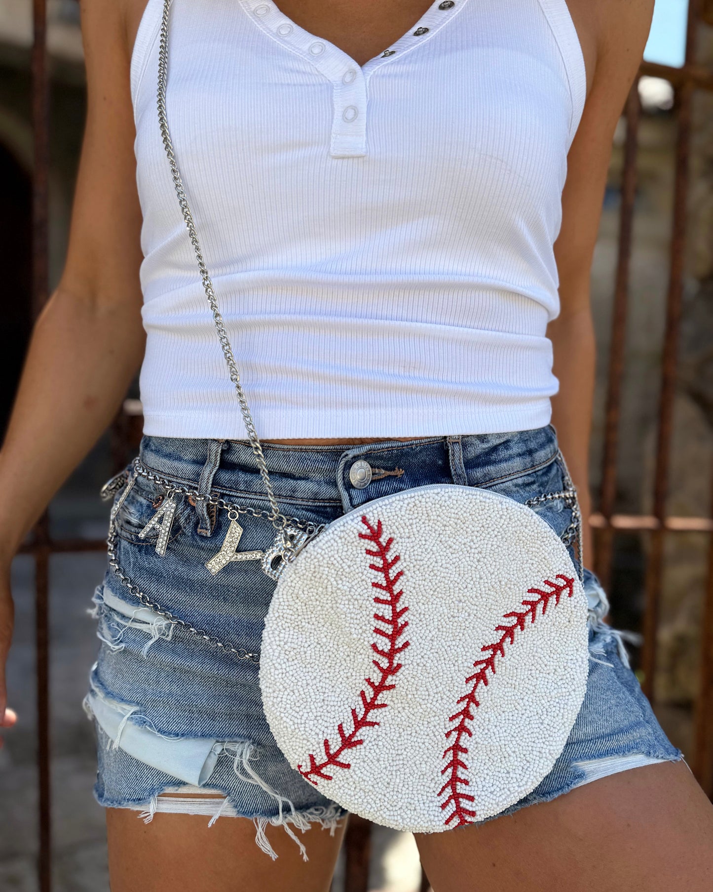 Solid Beaded Baseball Crossbody Purse