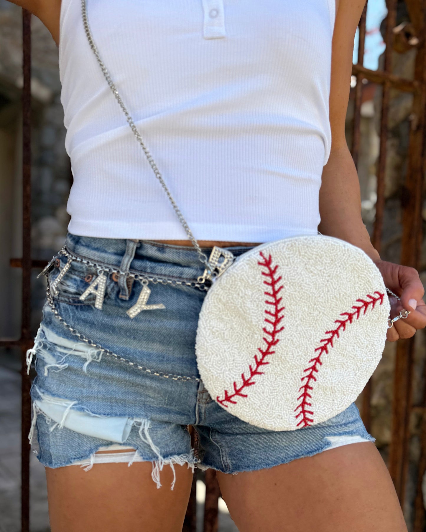 Solid Beaded Baseball Crossbody Purse
