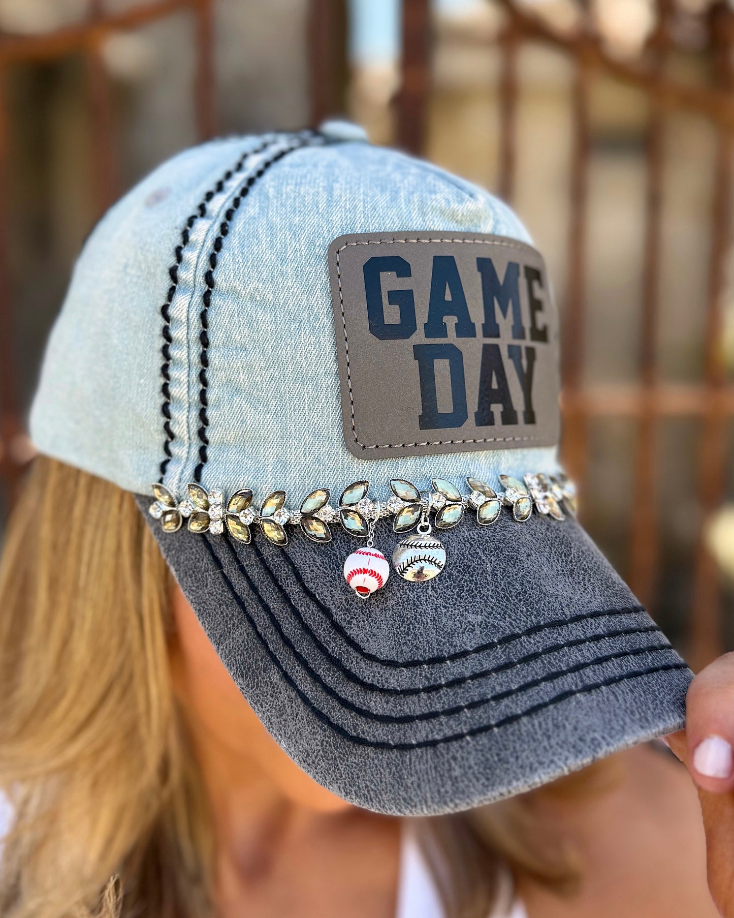 Baseball GAME DAY Denim Blue Charm Crystal Cap (Pre-Order: Ships 5/20)