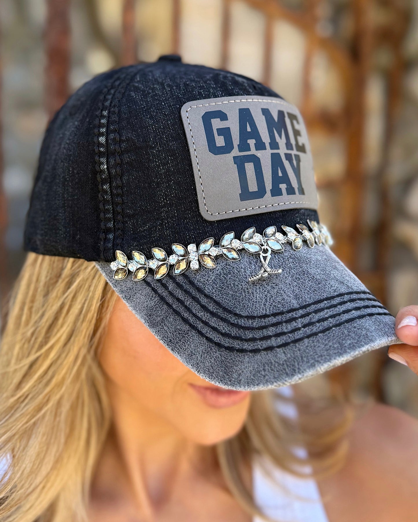 Hockey GAME DAY Vintage Black Charm Crystal Cap (Pre-Order: Ships 5/20)