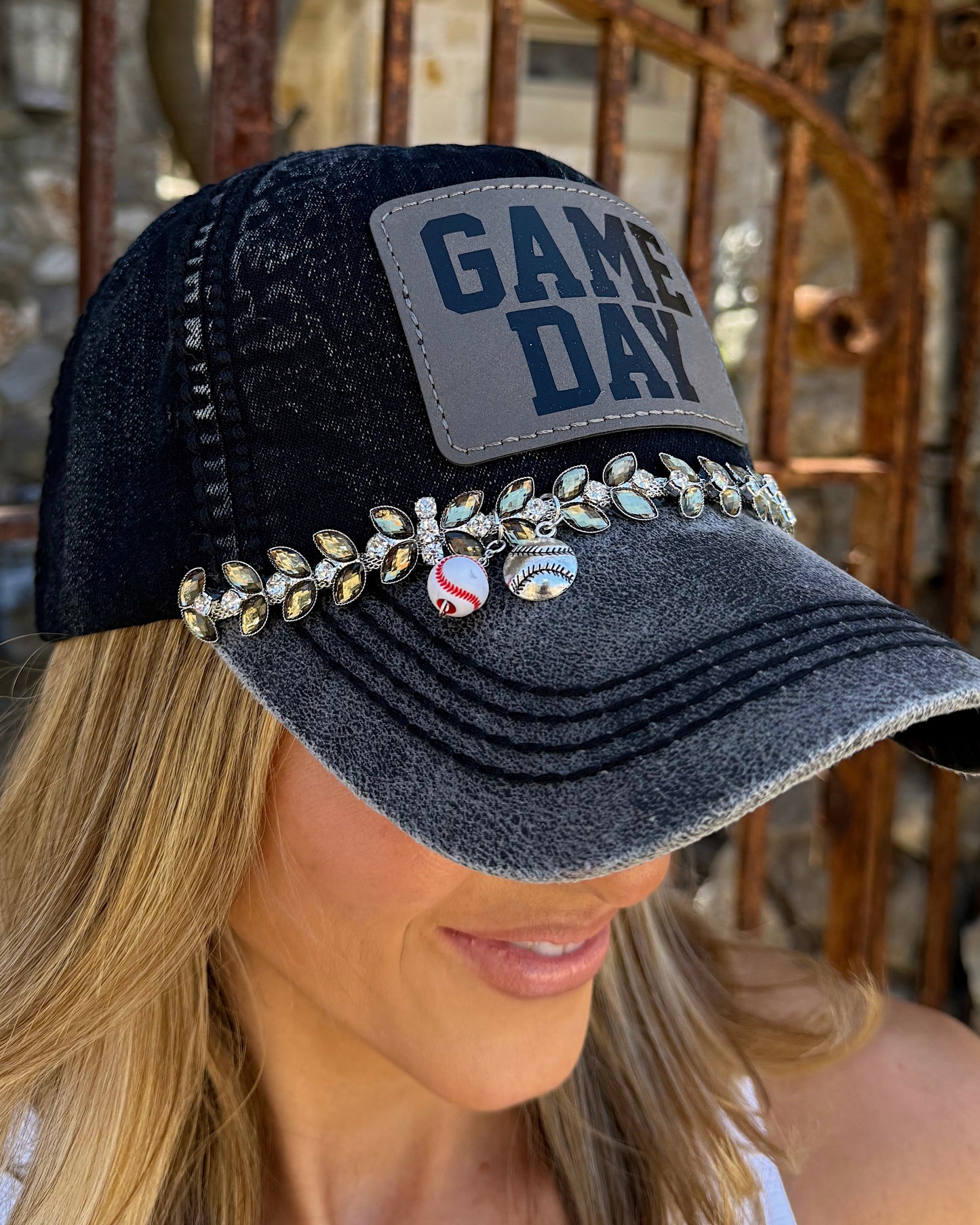Baseball GAME DAY Vintage Black Charm Crystal Cap (Pre-Order: Ships 5/20)