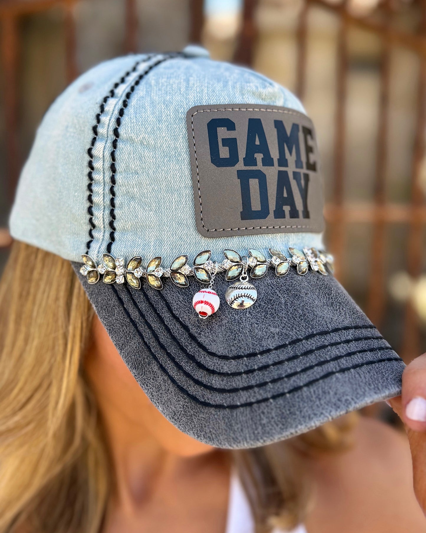 Baseball GAME DAY Denim Blue Charm Crystal Cap (Pre-Order: Ships 5/20)