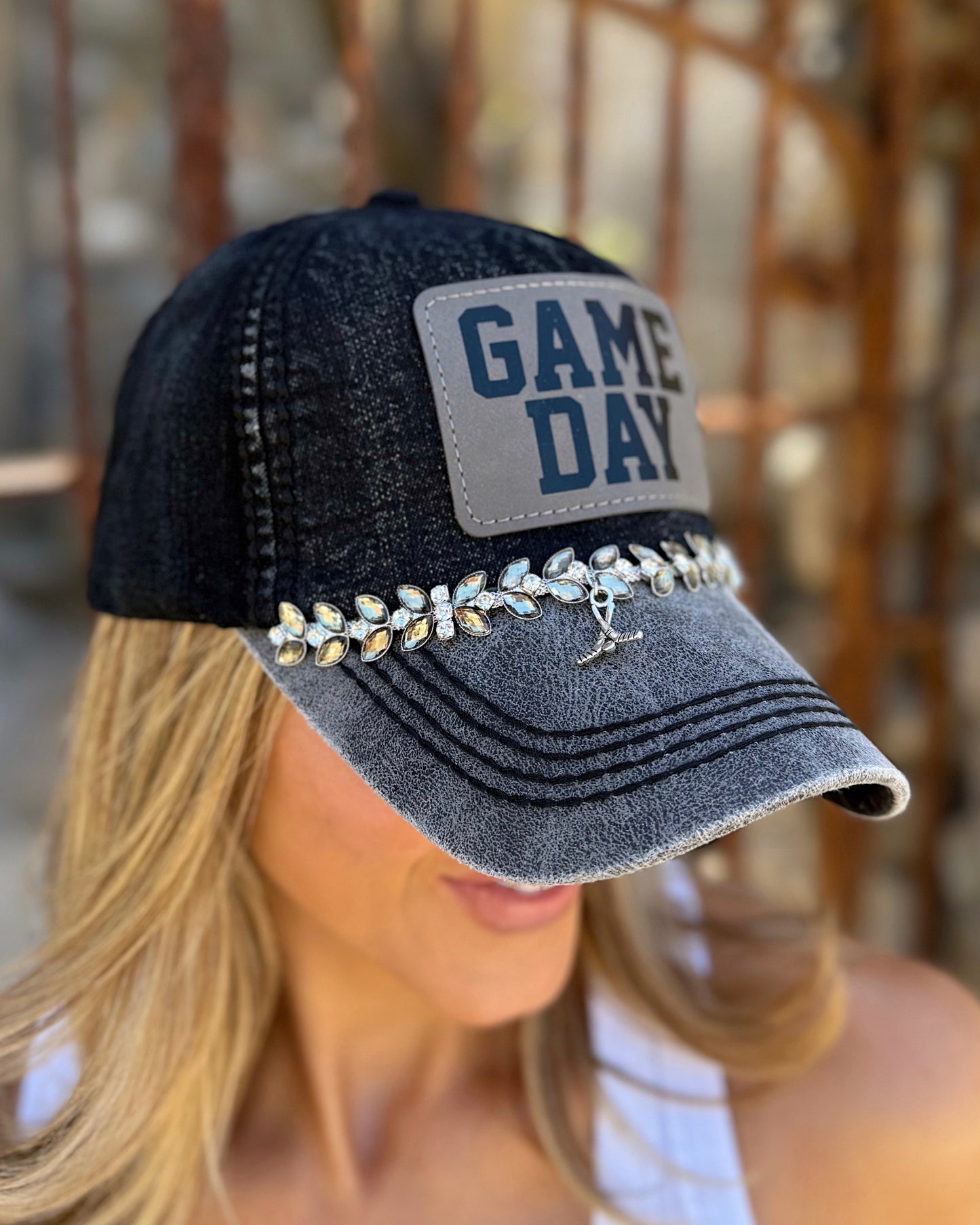 Hockey GAME DAY Vintage Black Charm Crystal Cap (Pre-Order: Ships 5/20)