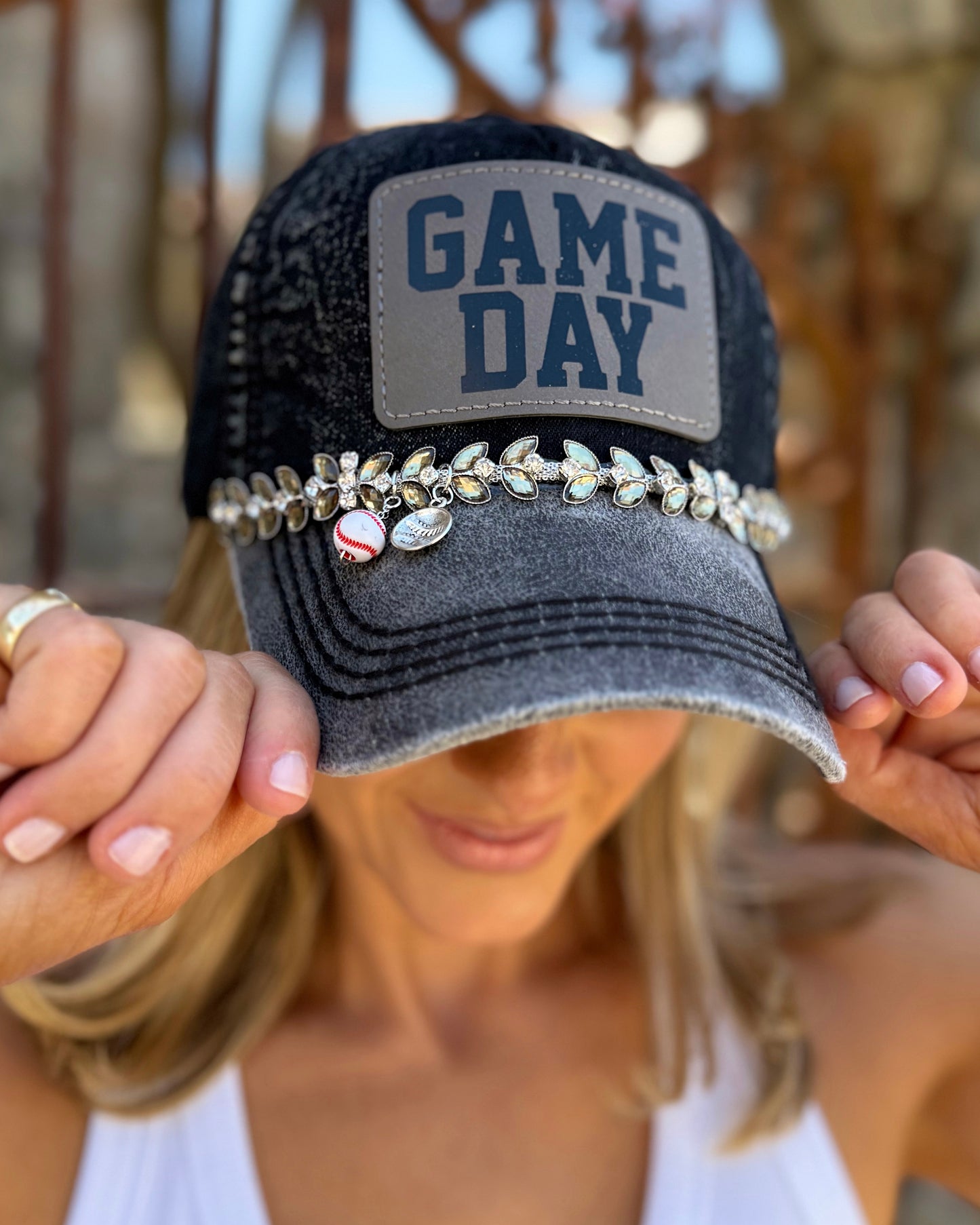 Baseball GAME DAY Vintage Black Charm Crystal Cap (Pre-Order: Ships 5/20)