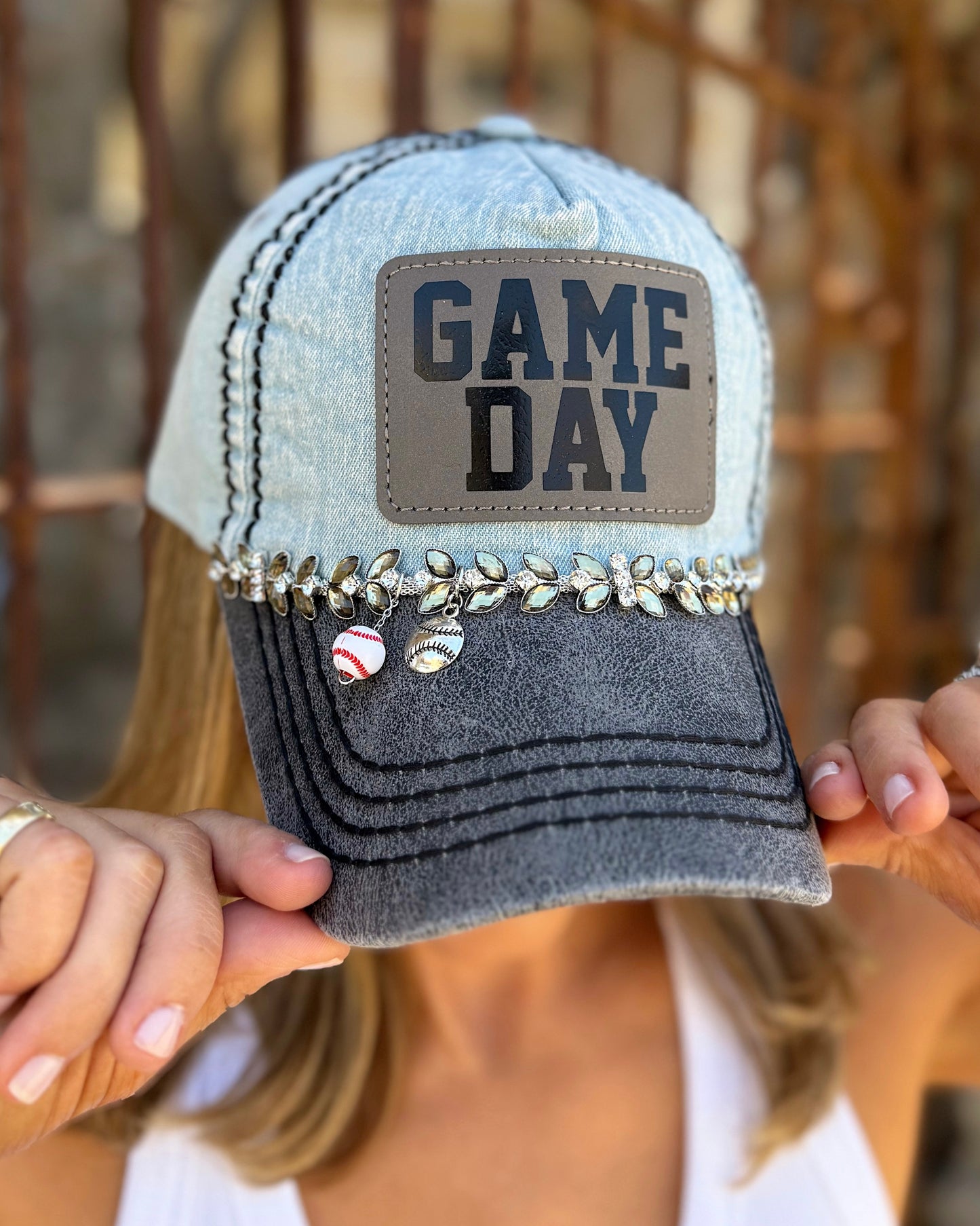 Baseball GAME DAY Denim Blue Charm Crystal Cap (Pre-Order: Ships 5/20)