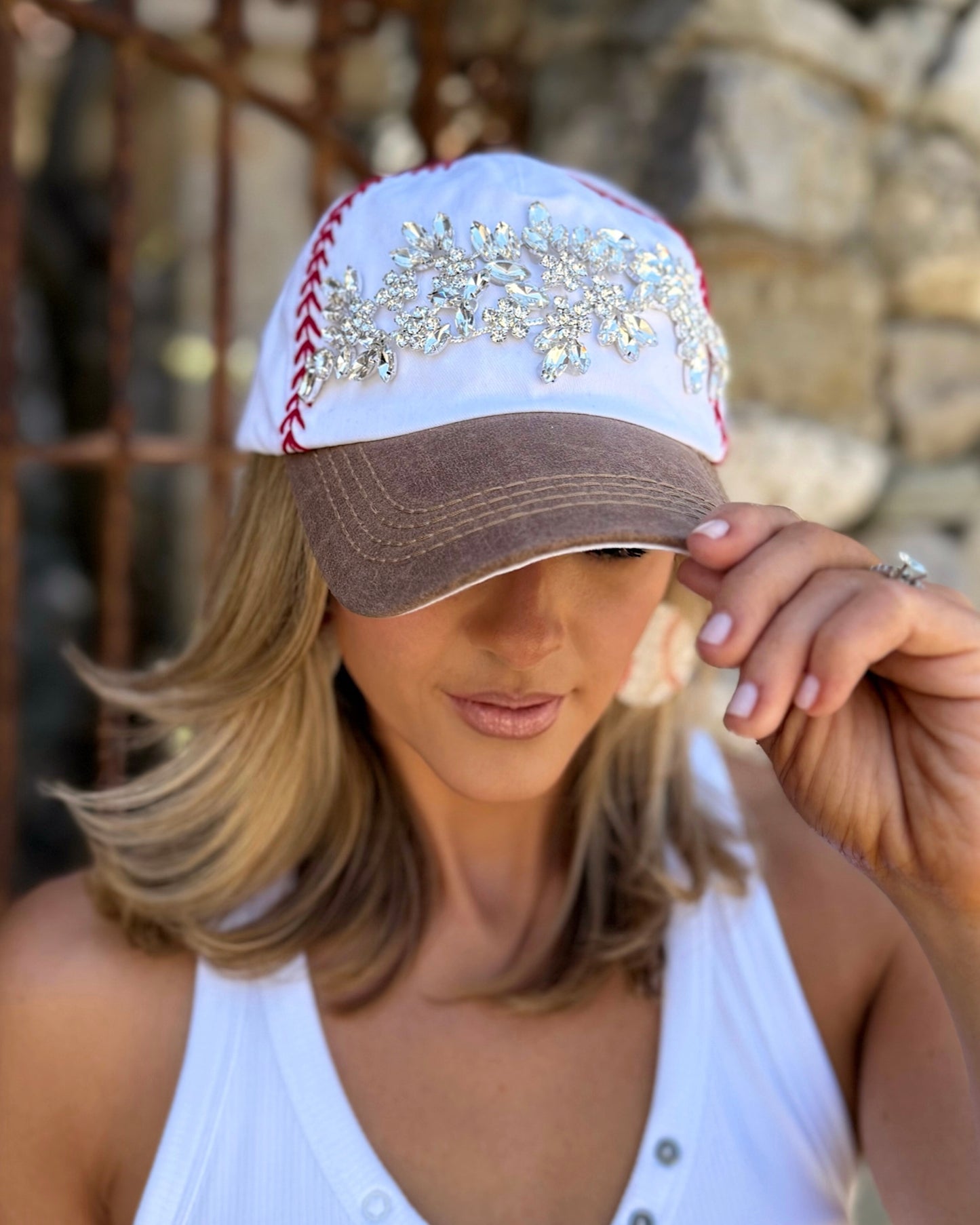 Clear Crystal Embroidered TAN Baseball-Stitched Cap