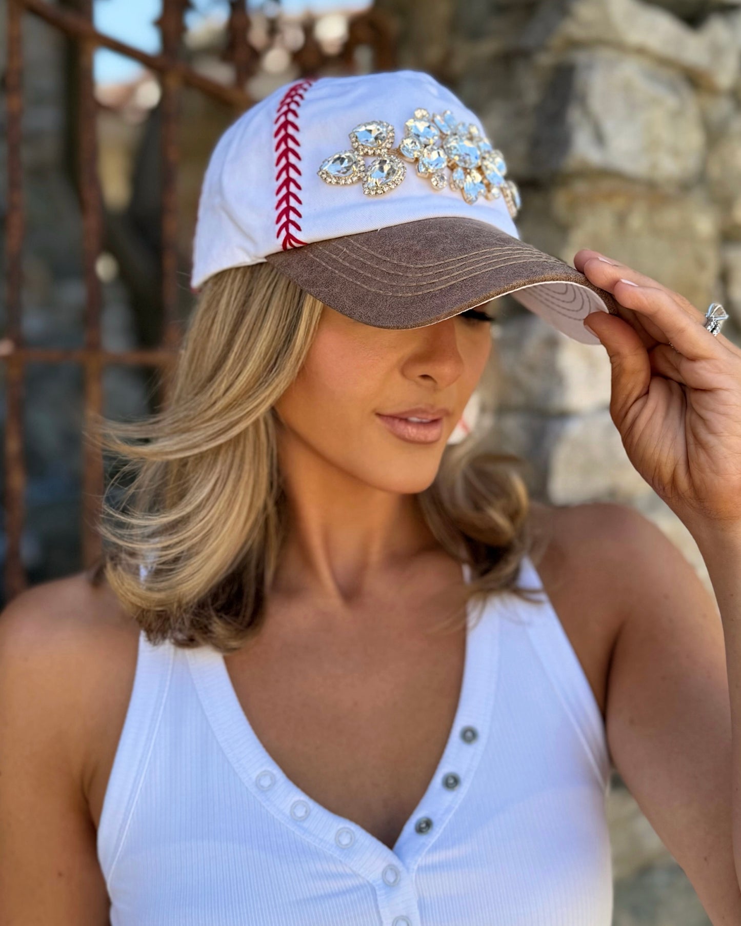 Gold Crystal Embroidered TAN Baseball-Stitched Cap