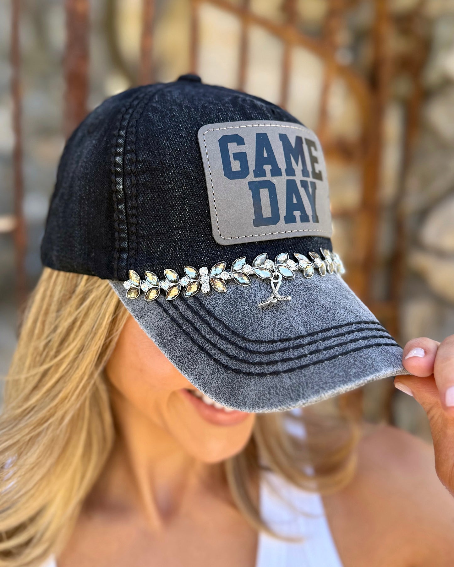 Hockey GAME DAY Vintage Black Charm Crystal Cap (Pre-Order: Ships 5/20)