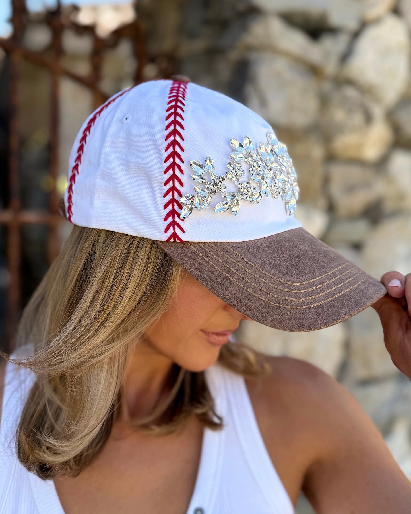 Clear Crystal Embroidered TAN Baseball-Stitched Cap