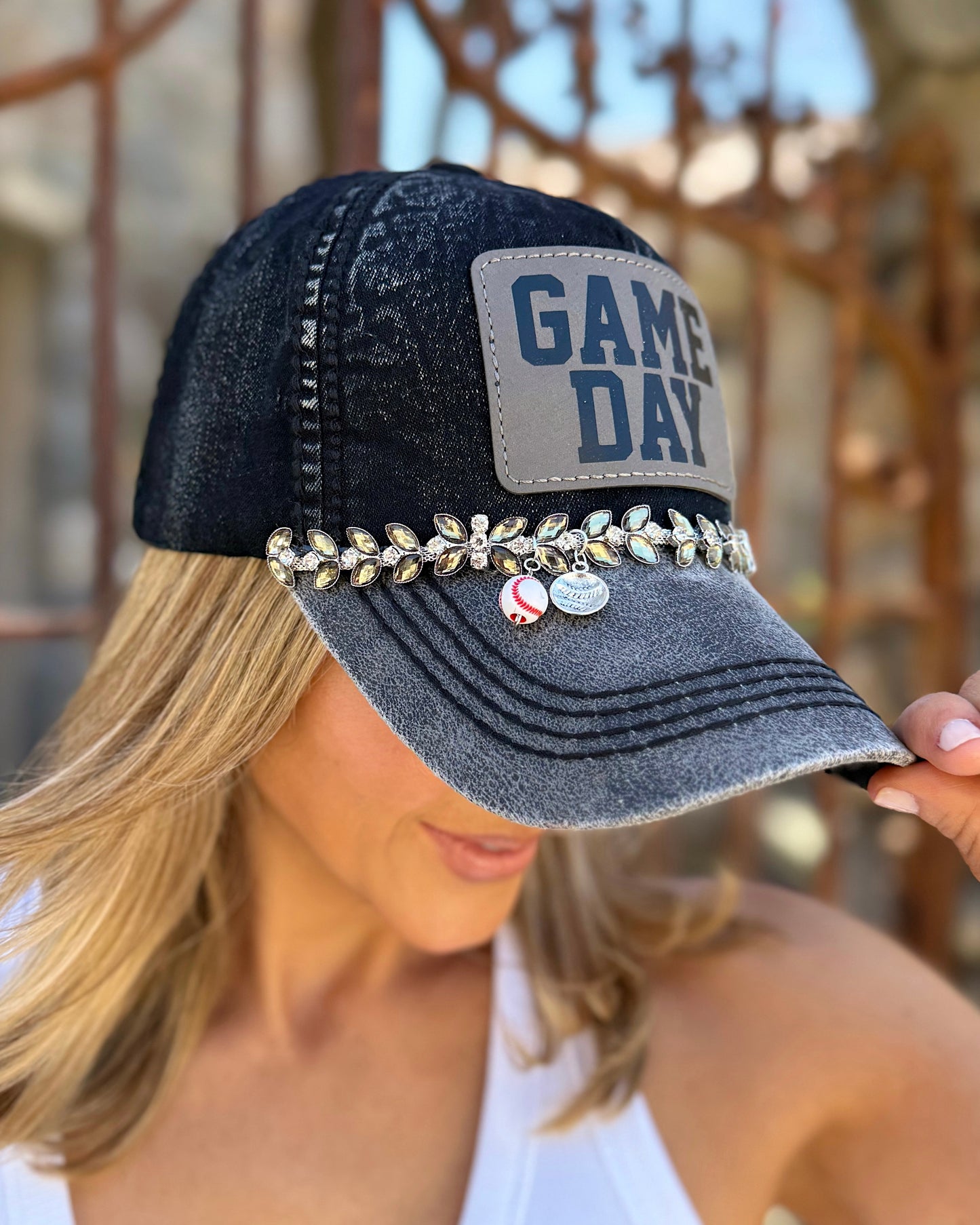 Baseball GAME DAY Vintage Black Charm Crystal Cap (Pre-Order: Ships 5/20)