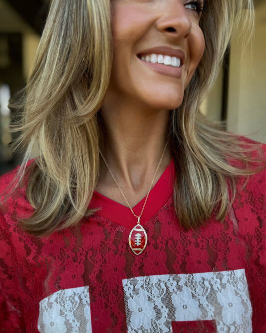 Red/Gold Rhinestone Enamel Football Necklace