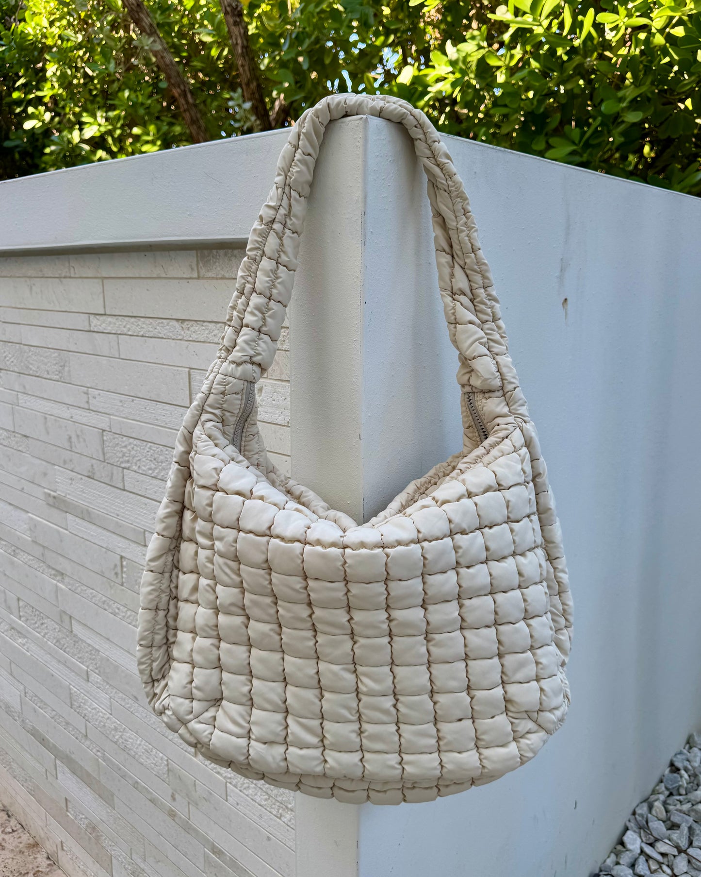 Black Friday: Natural Puffy Quilted Nylon Large Shoulder Bag