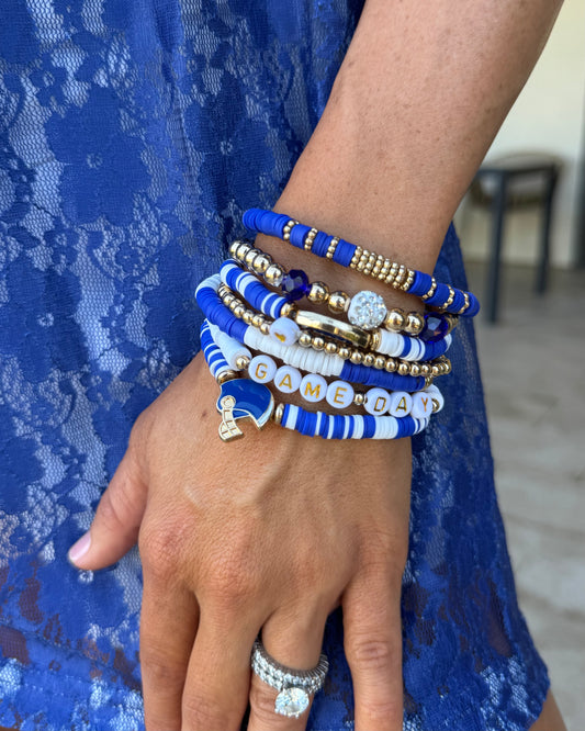 Gold & Blue Rhinestone Football Helmet Enamel 7-Piece Bracelet Set