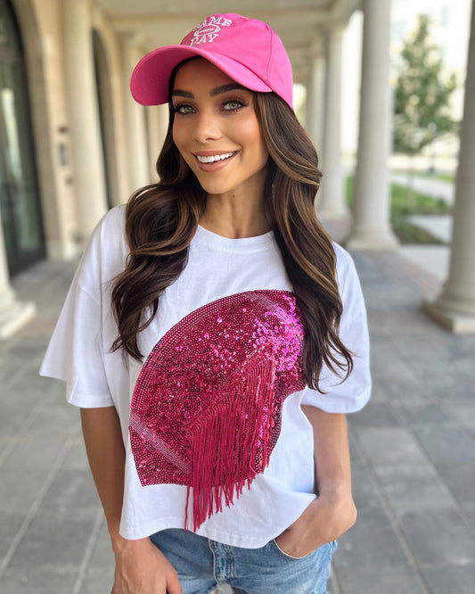 White/Hot Pink Cropped Sequin Fringe Football Tee (Ships 10/15) - Live Love Gameday®