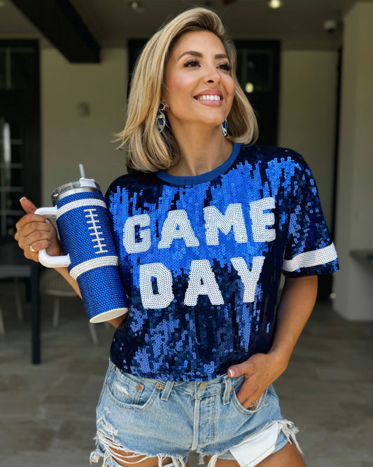 Royal Blue Sequin “GAME DAY” Crop (Pre-Order: Ships 7/15)