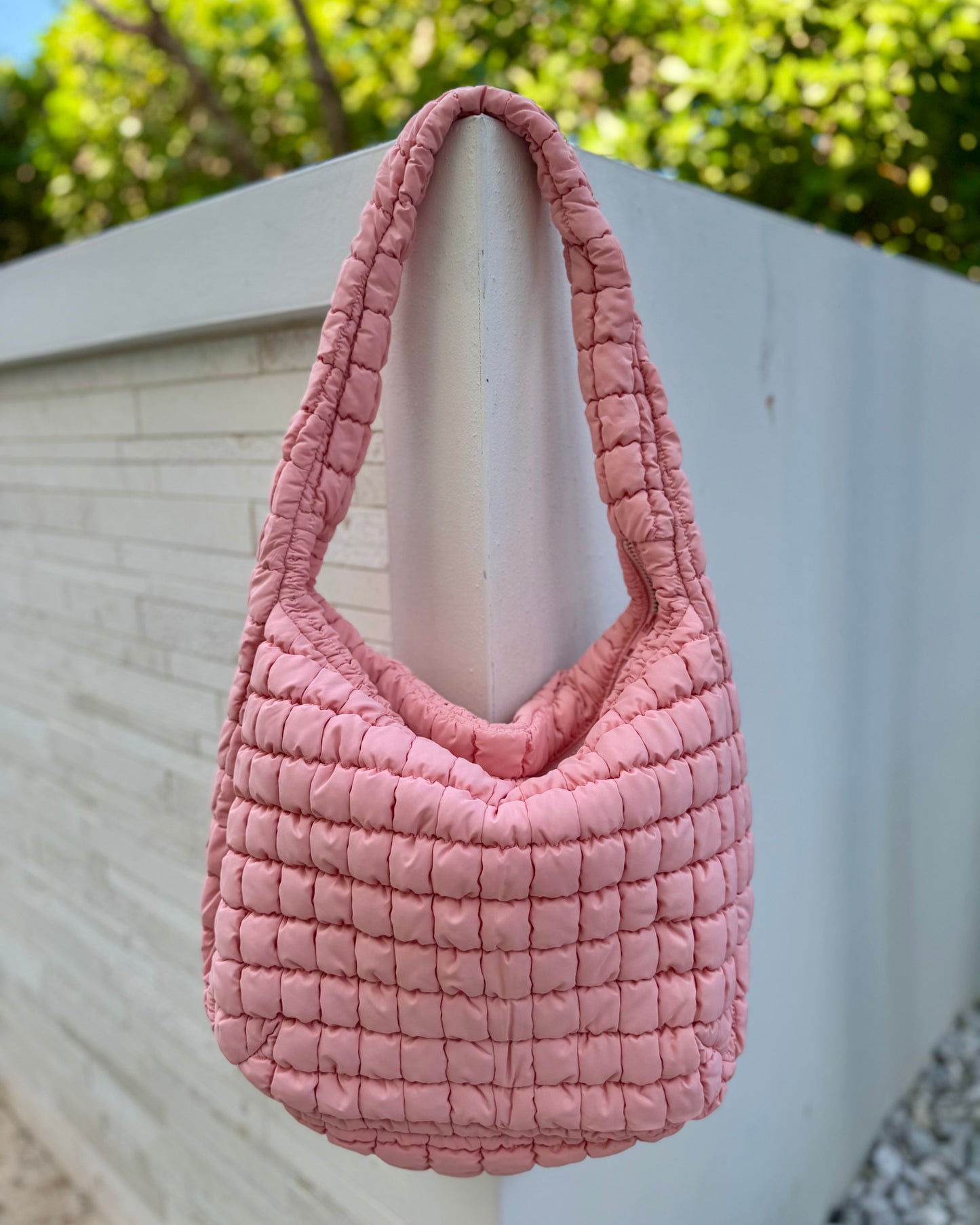 Black Friday: Pink Puffy Quilted Nylon Large Shoulder Bag