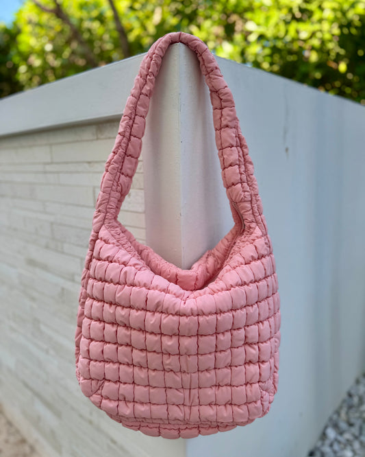 Black Friday: Pink Puffy Quilted Nylon Large Shoulder Bag