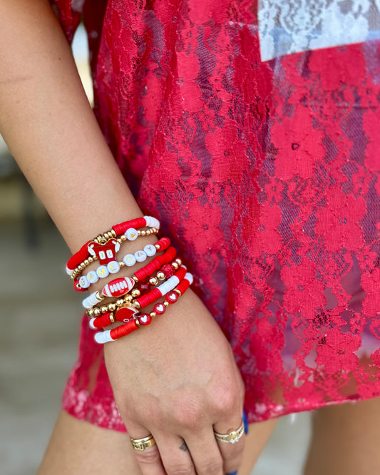 Red & White Heart Football Jersey Enamel Bracelet Set