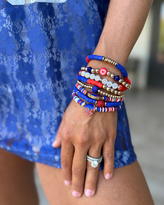 Red & Blue Heart Football Helmet Enamel Bracelet Set