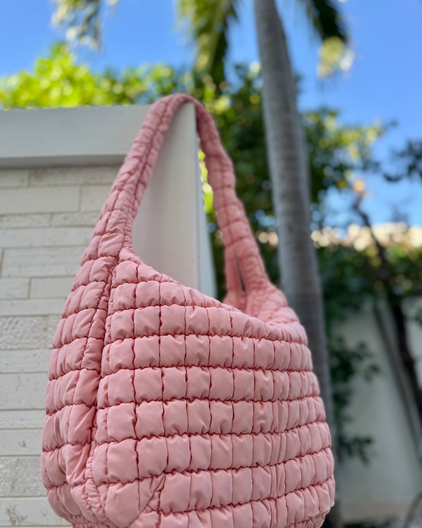 Black Friday: Pink Puffy Quilted Nylon Large Shoulder Bag