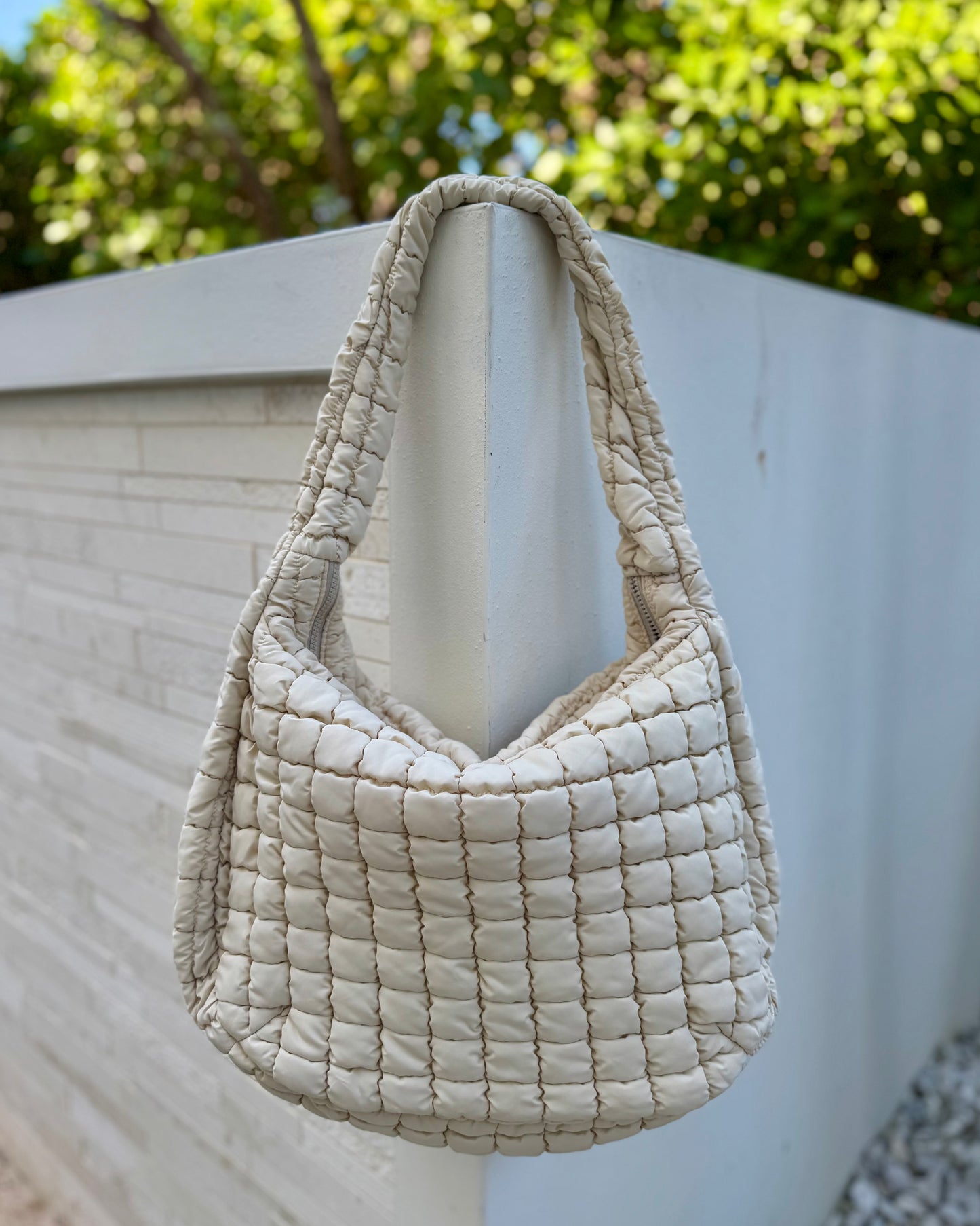 Black Friday: Natural Puffy Quilted Nylon Large Shoulder Bag