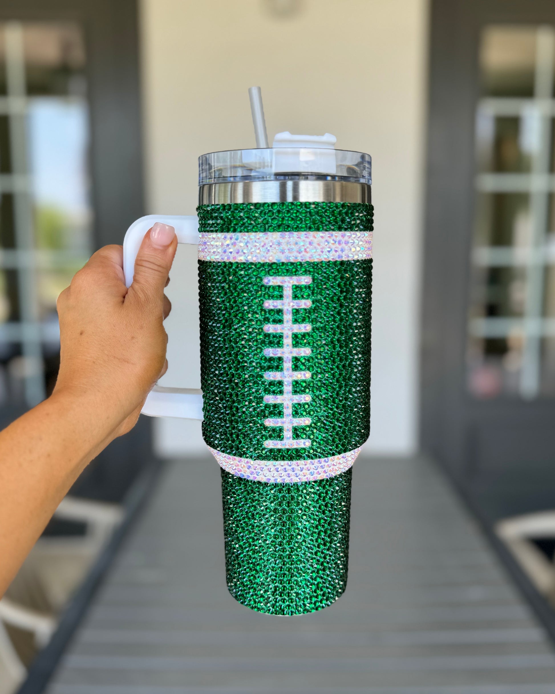 Pre-Order: Crystal GREEN "Team Spirit" FOOTBALL 40 Oz. Tumbler (Ships Approx. 7/15) - Live Love Gameday®