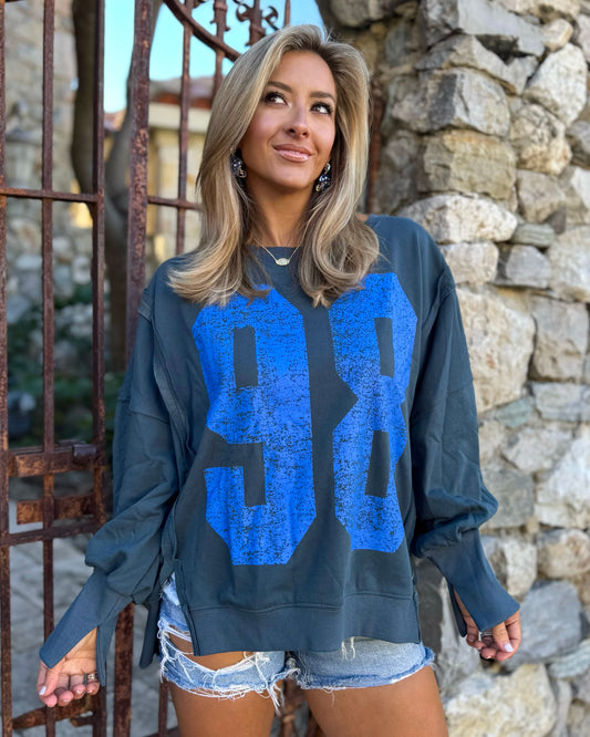 Dark Blue-Gray Faded Varsity Print Long Sleeve Pullover Top