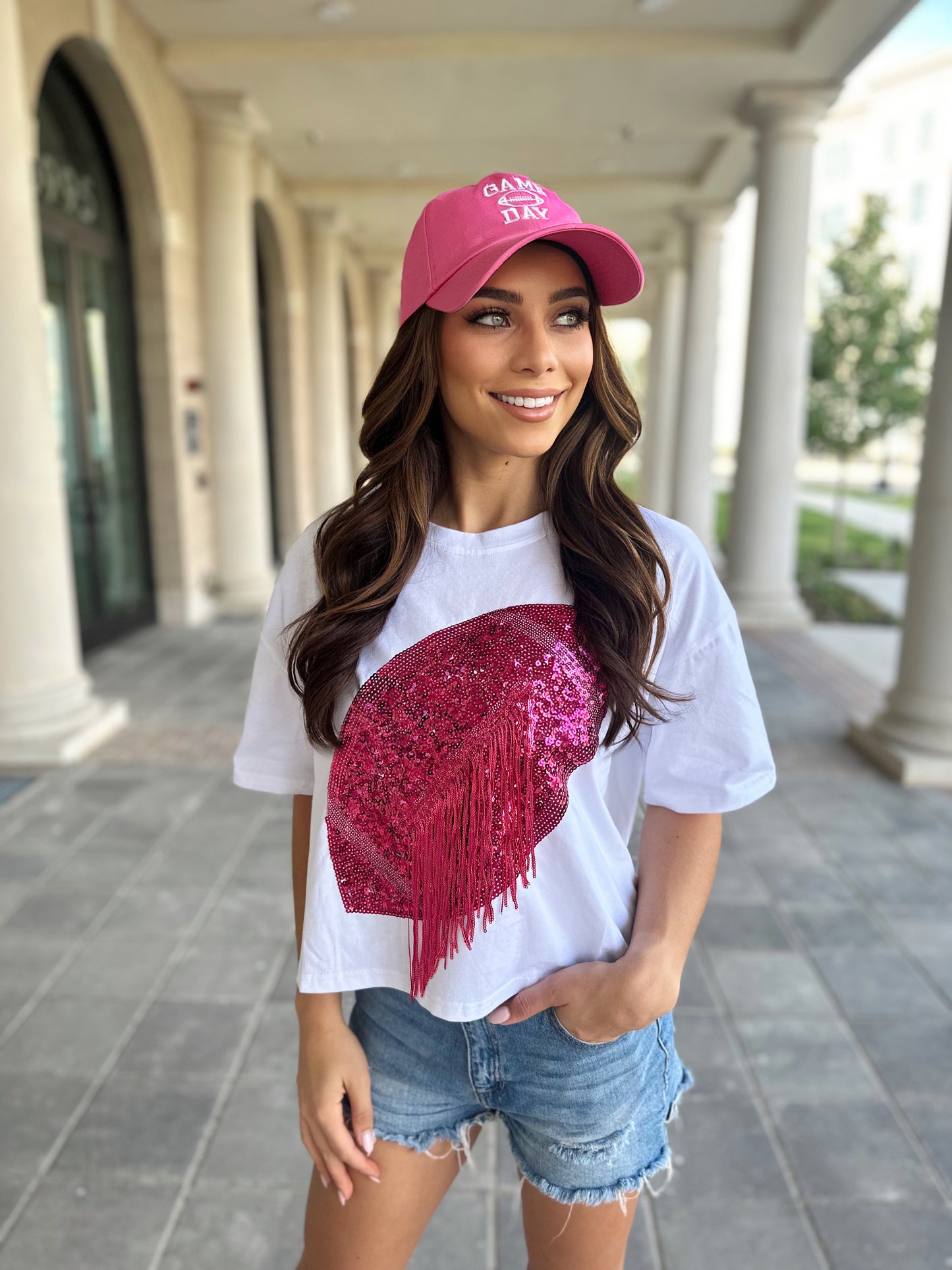 White/Hot Pink Cropped Sequin Fringe Football Tee (Ships 10/15) - Live Love Gameday®