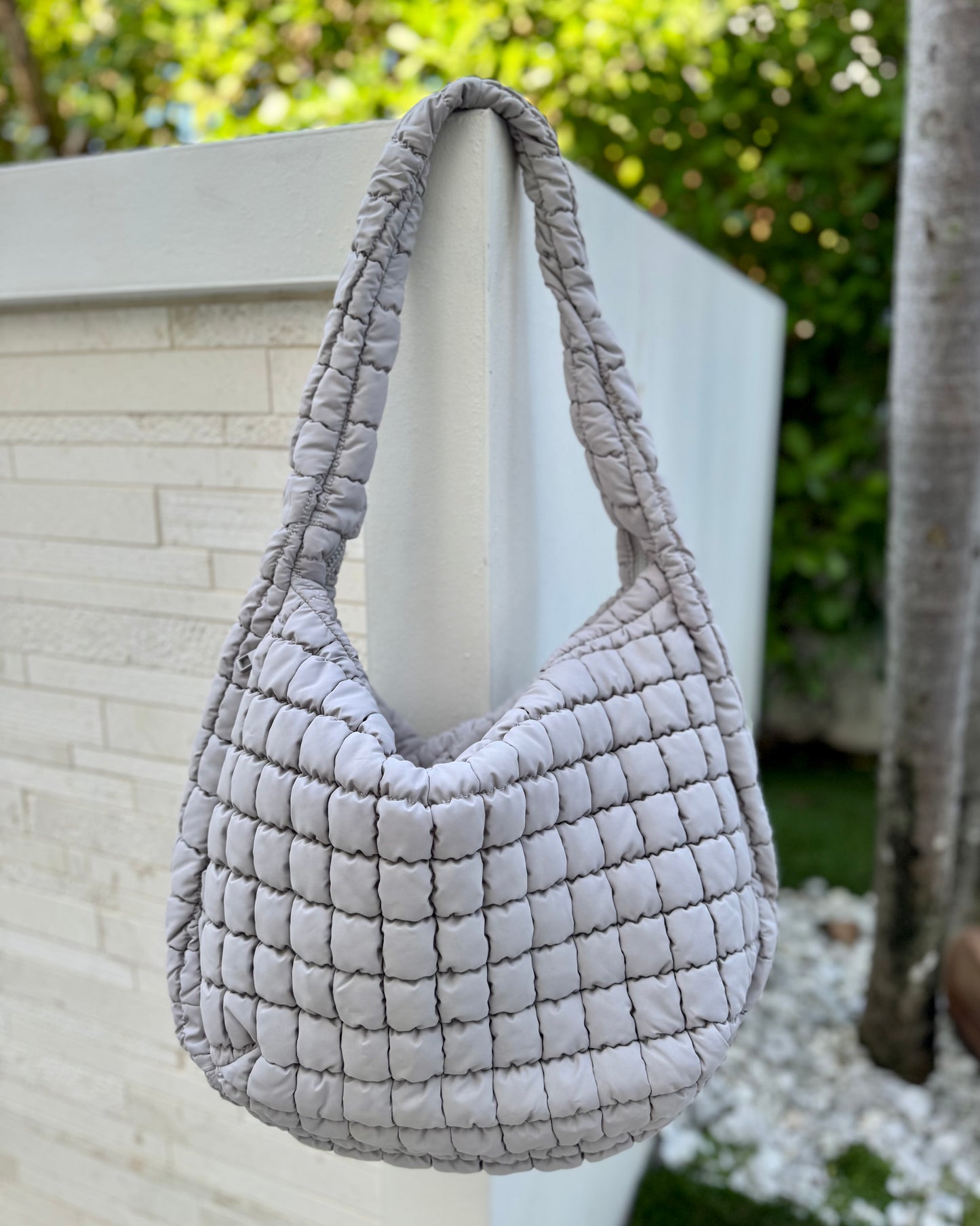 Black Friday: Gray Puffy Quilted Nylon Large Shoulder Bag