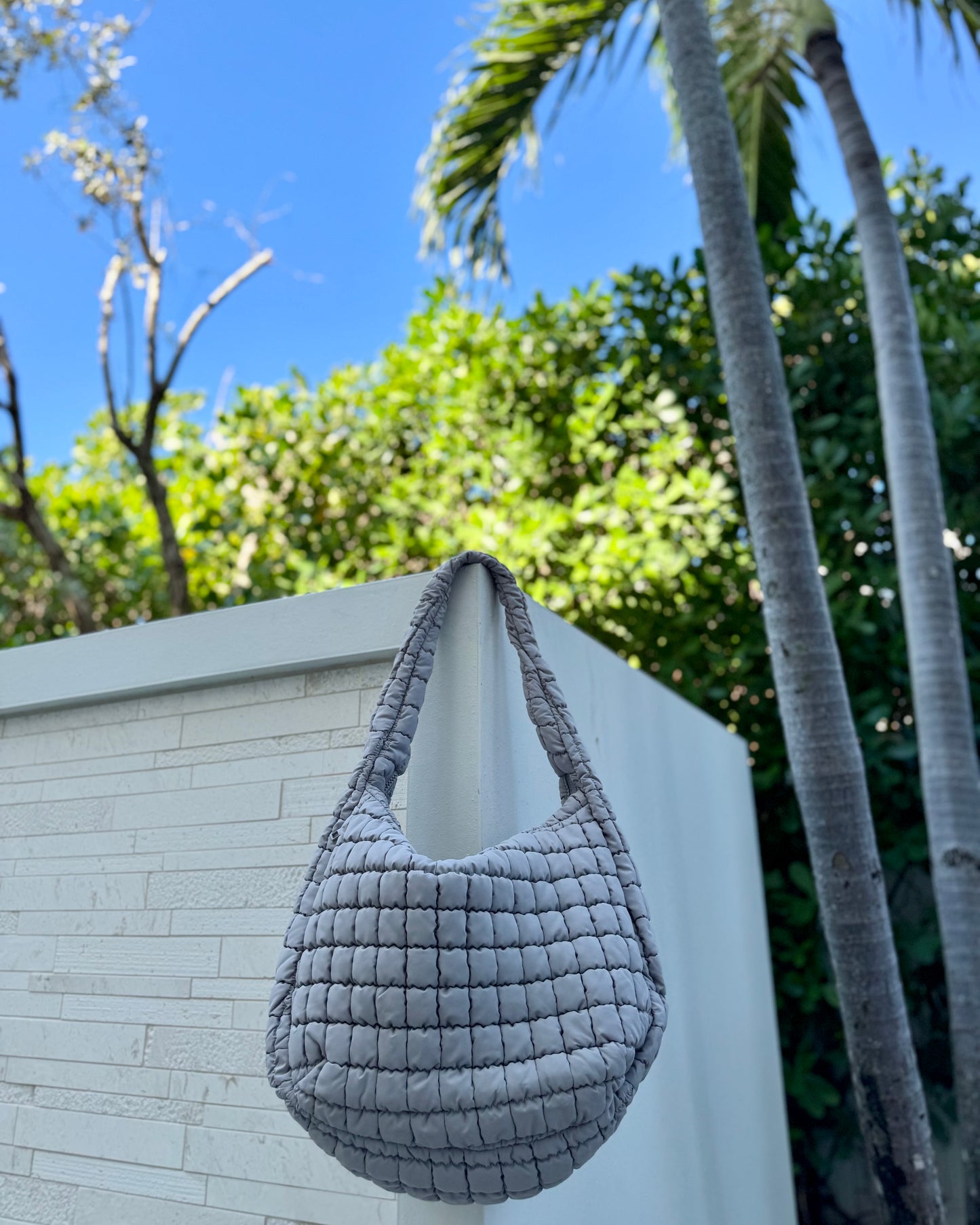 Black Friday: Gray Puffy Quilted Nylon Large Shoulder Bag