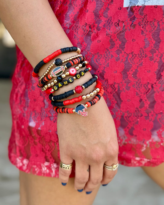 Red & Black Football Helmet Enamel Bracelet Set