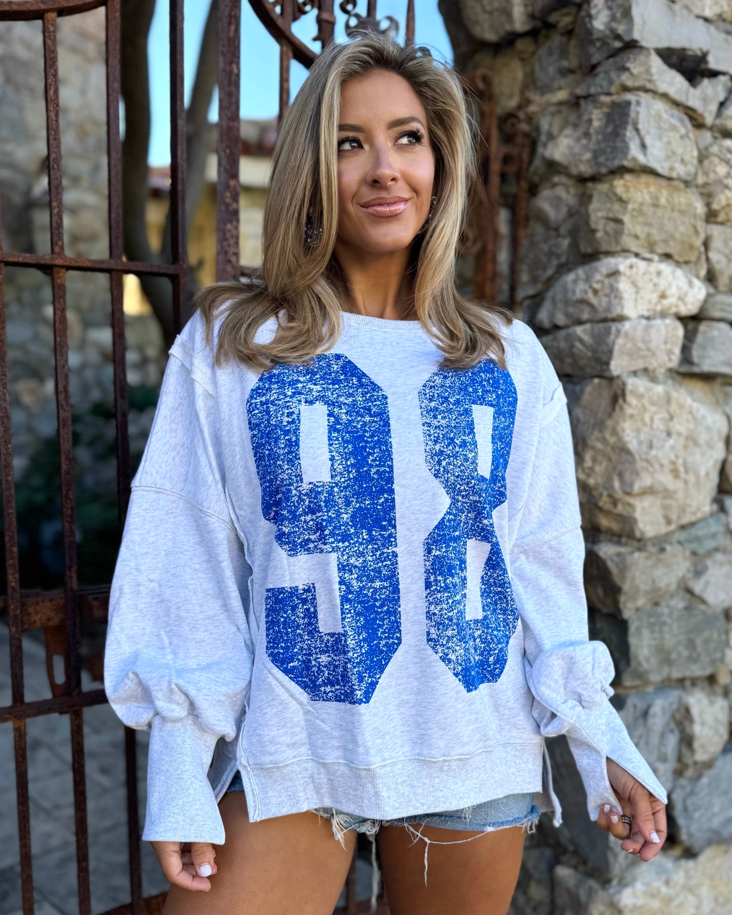 Royal/Gray Faded Varsity Print Long Sleeve Pullover Top