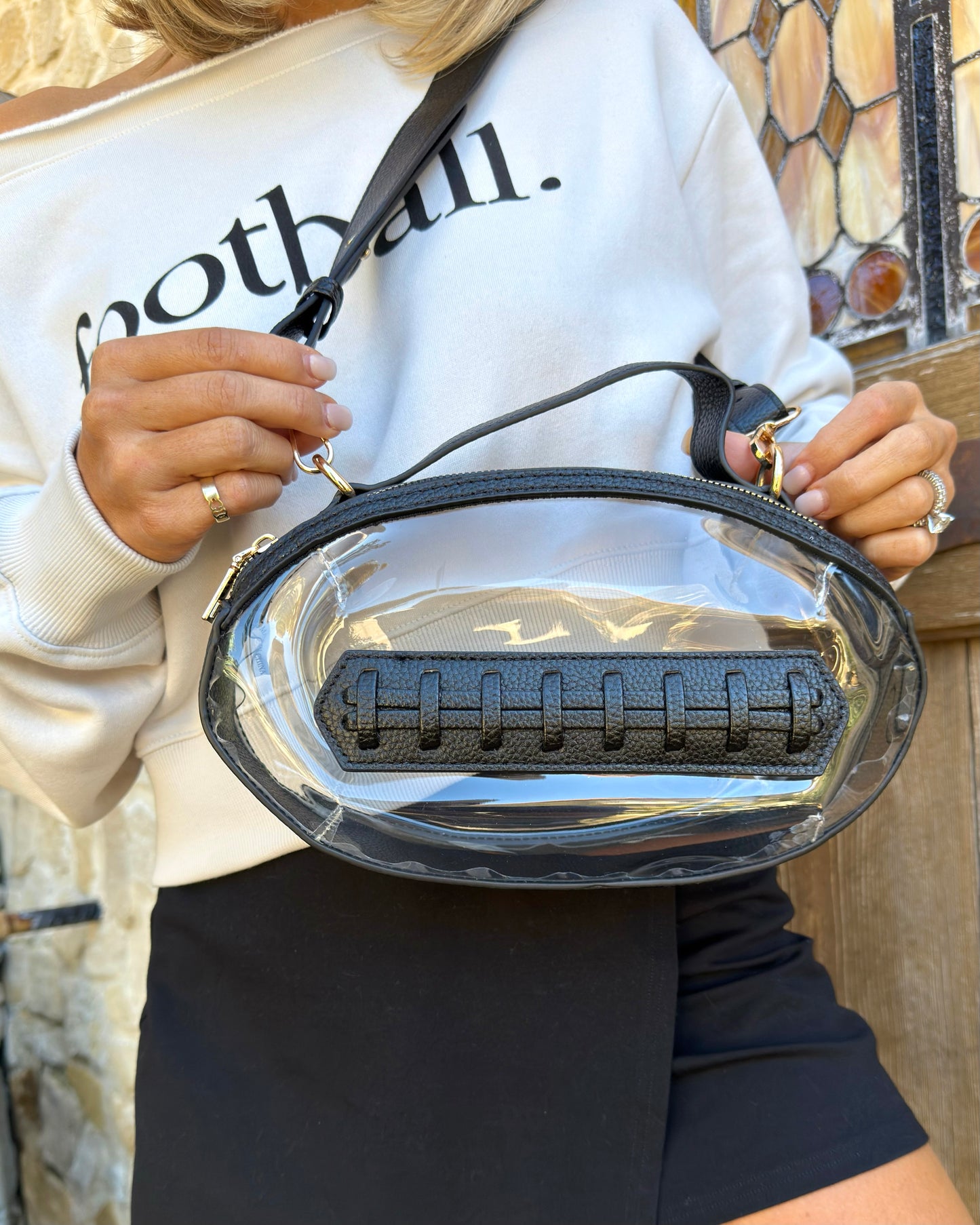 Black Faux Leather FOOTBALL Shaped Stadium-Approved Purse