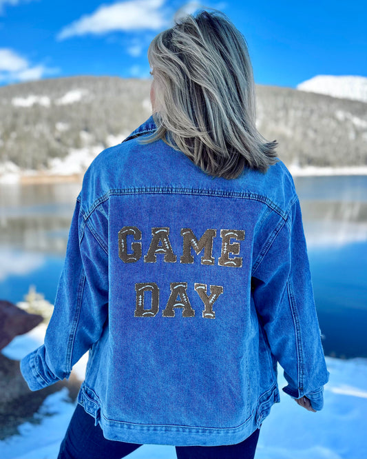 FOOTBALL Letters “GAME DAY” Sport Chenille-Patch Denim Jacket - Live Love Gameday®