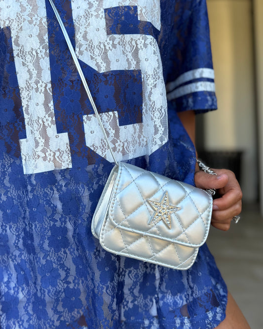 Metallic Silver Rhinestone “Baby You’re A Star” Crossbody