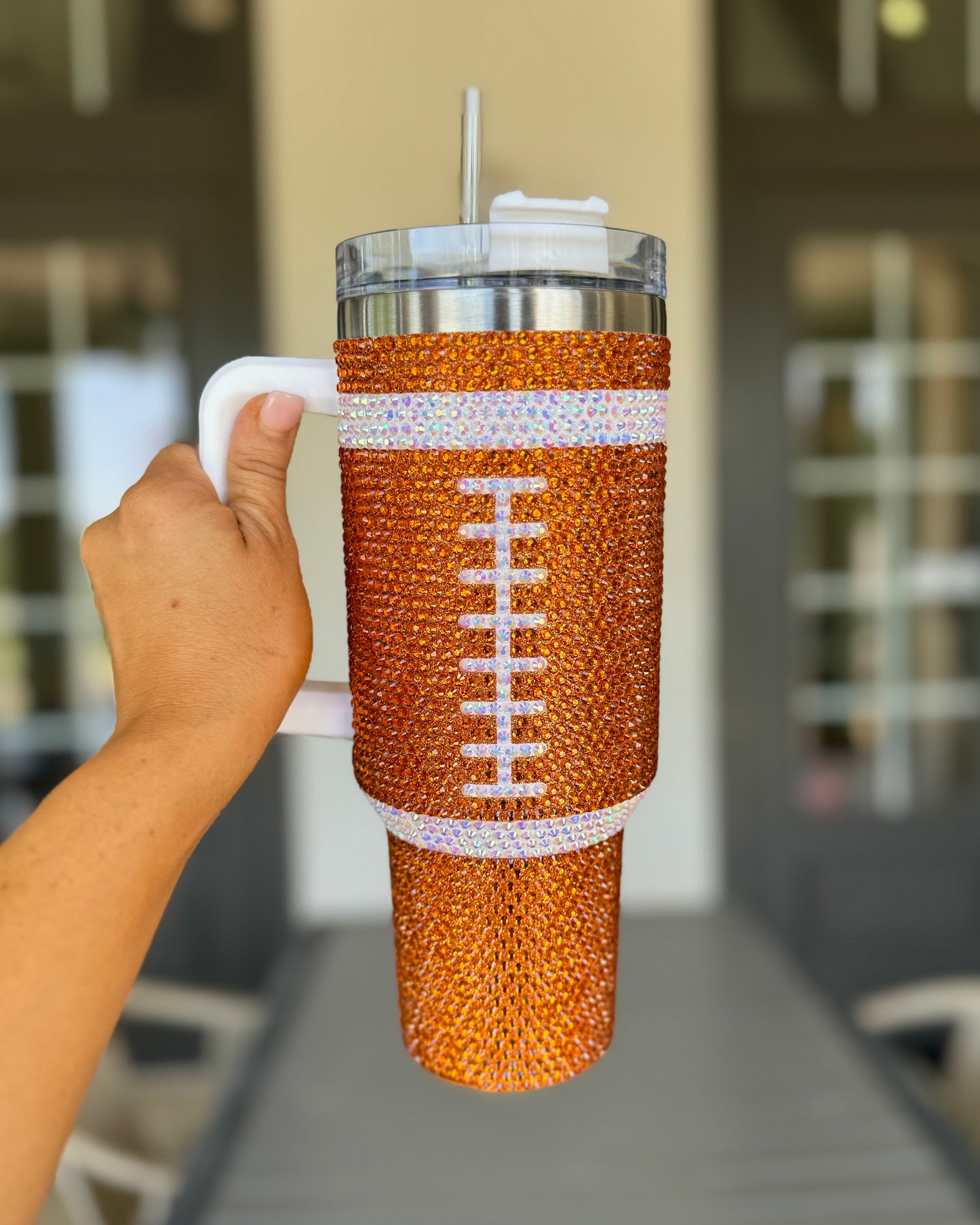 Pre-Order: Crystal ORANGE "Team Spirit" FOOTBALL 40 Oz. Tumbler (Ships Approx. 7/15) - Live Love Gameday®