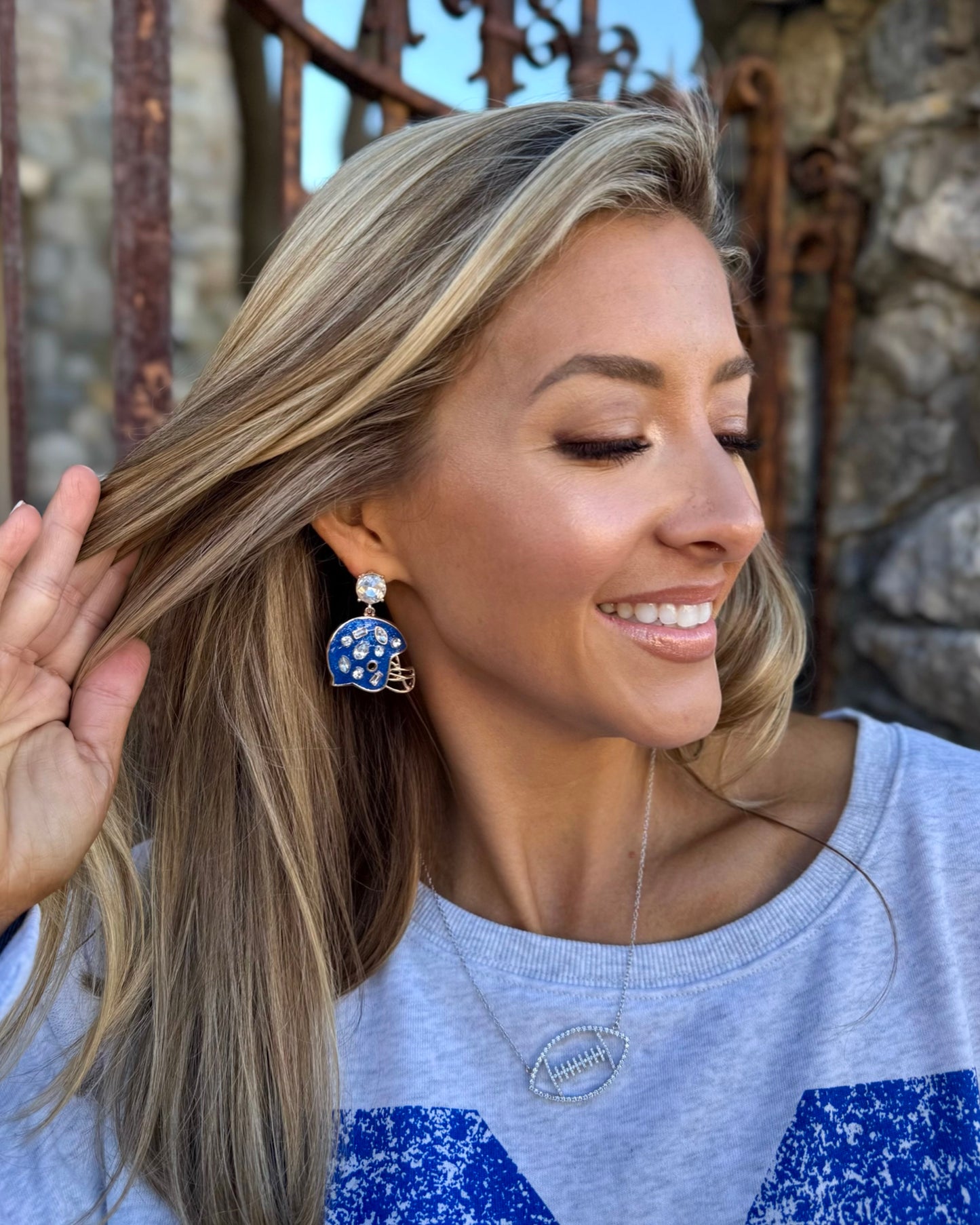 Blue Gameday Stone Football Helmet Earrings