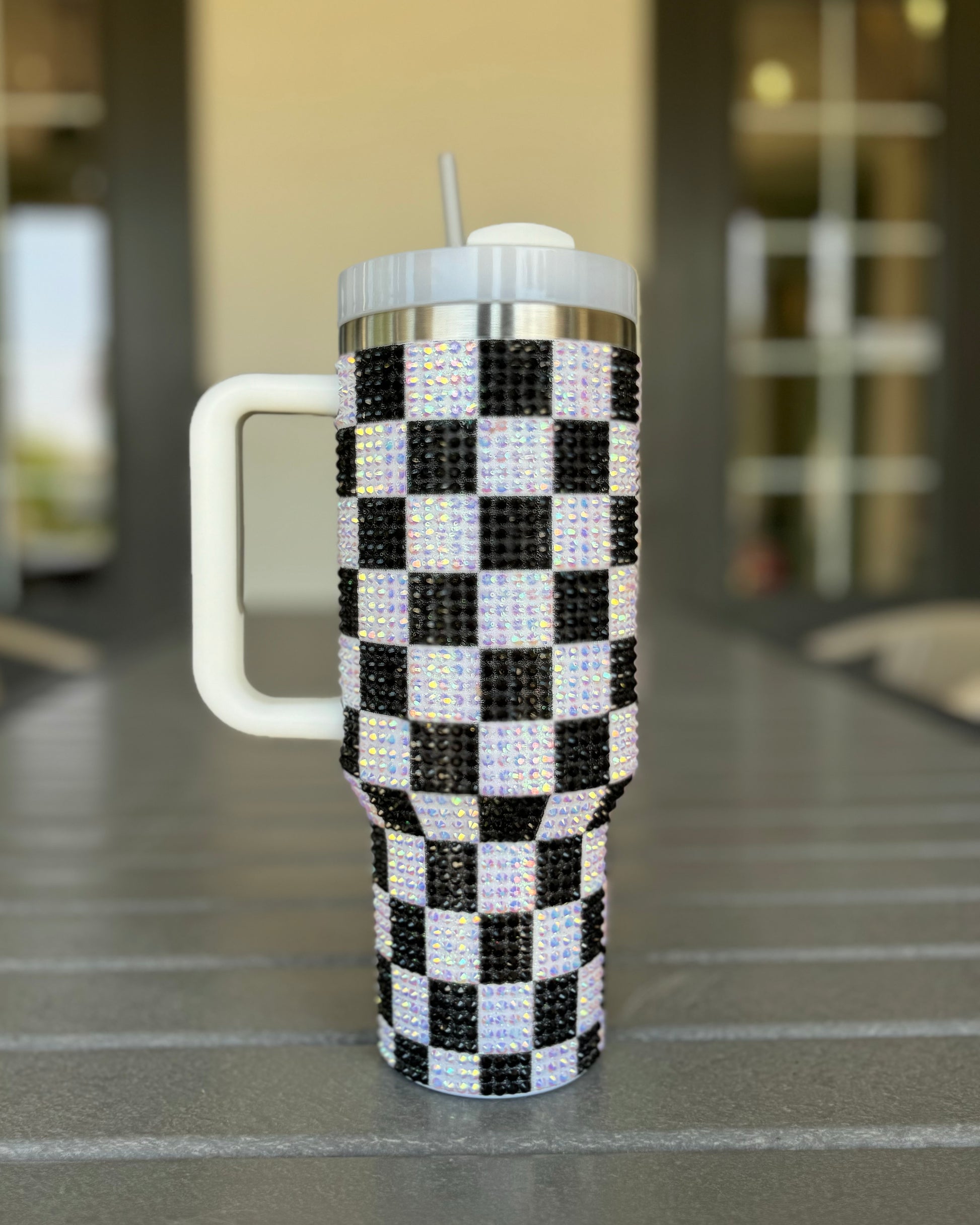 Pre-Order: Crystal Black & White Checkered 40 Oz. Tumbler (Ships Approx. 7/15) - Live Love Gameday®