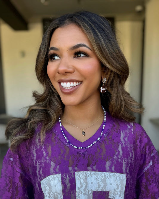 Purple/White Sidelines Beaded Necklace