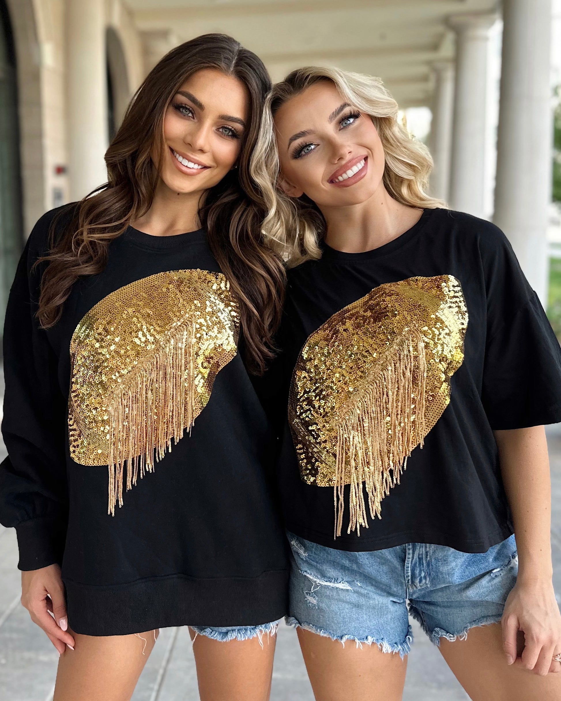 Black/Gold Cropped Sequin Fringe Football Tee (Ships 10/20) - Live Love Gameday®